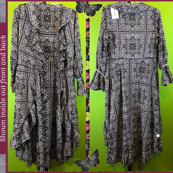 NWT S/M WRAP PRINT DRESS W ADJUSTABLE TIES RUFFLE TRIM ASYM HEM ~WORK-COCKTAILS~ - Picture 4 of 15